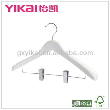 White Color Wooden Suit Hanger with Wide Shoulders and Metal Clips